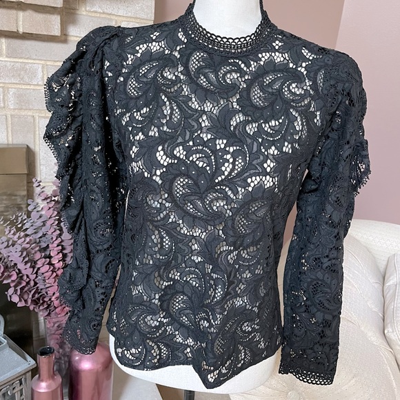 LIKE NEW! EXPRESS Lace Ruffle Sleeve Top - Black - Picture 1 of 11